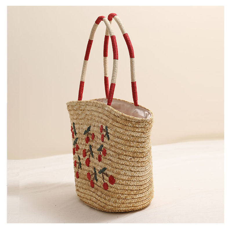 Niche Embroidered Cherry Shoulder Straw Bag Large Capacity Straw Woven Bag Seaside Vacation Beach Bag