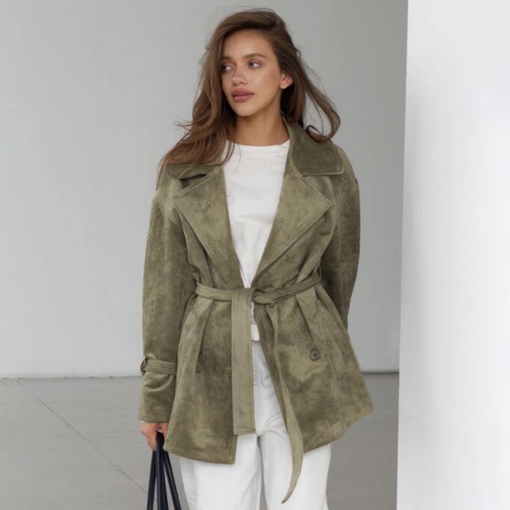 Retro Suede Fabric Jacket Coat Autumn Winter Polo Collar Lace up Waist Trimming Coat