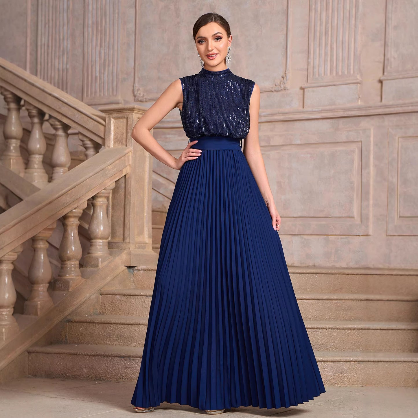 Sequined Backless High Waist Pleated Dress Women Summer Elegant Dress