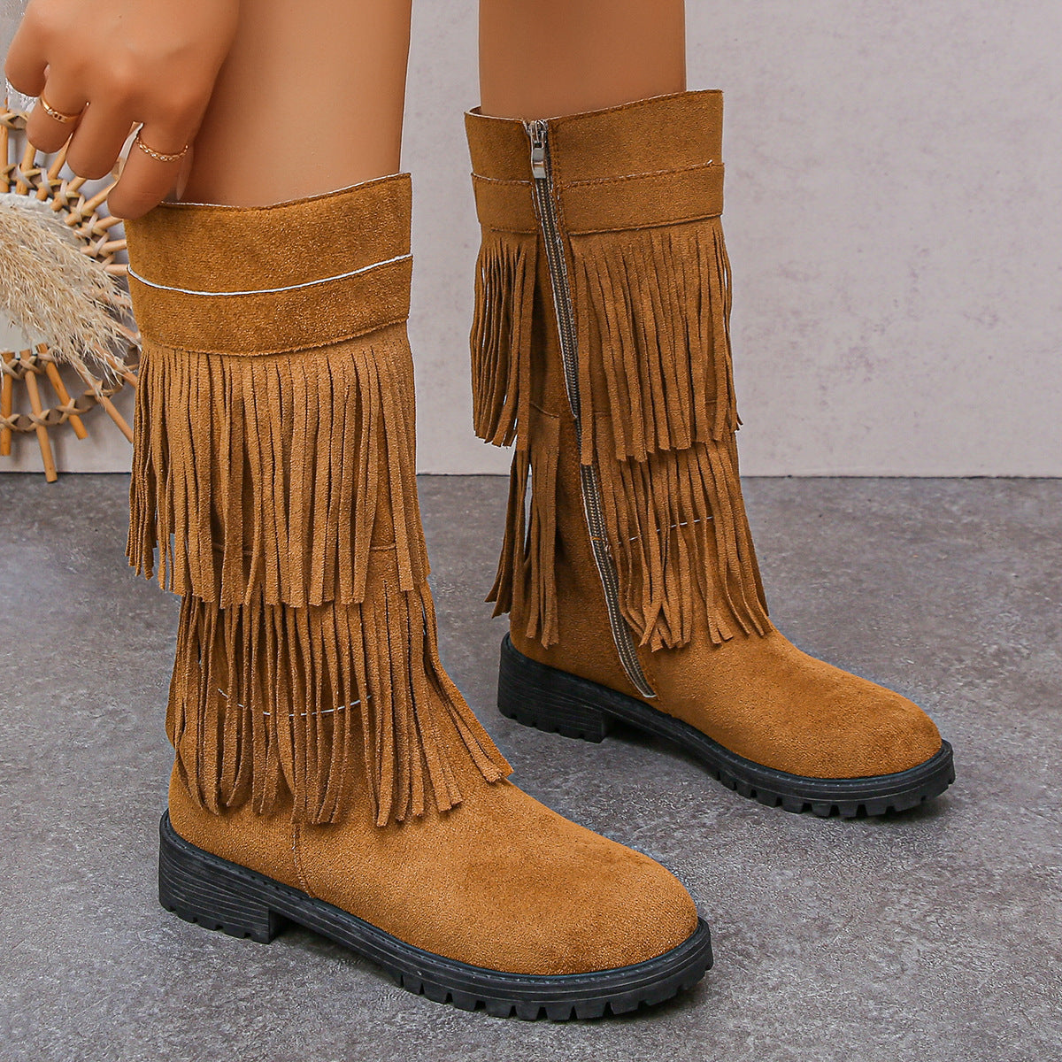 Suede Double Layer Tassel Boots Women Chunky Heel Side Zip High Tube Cowboy Boot