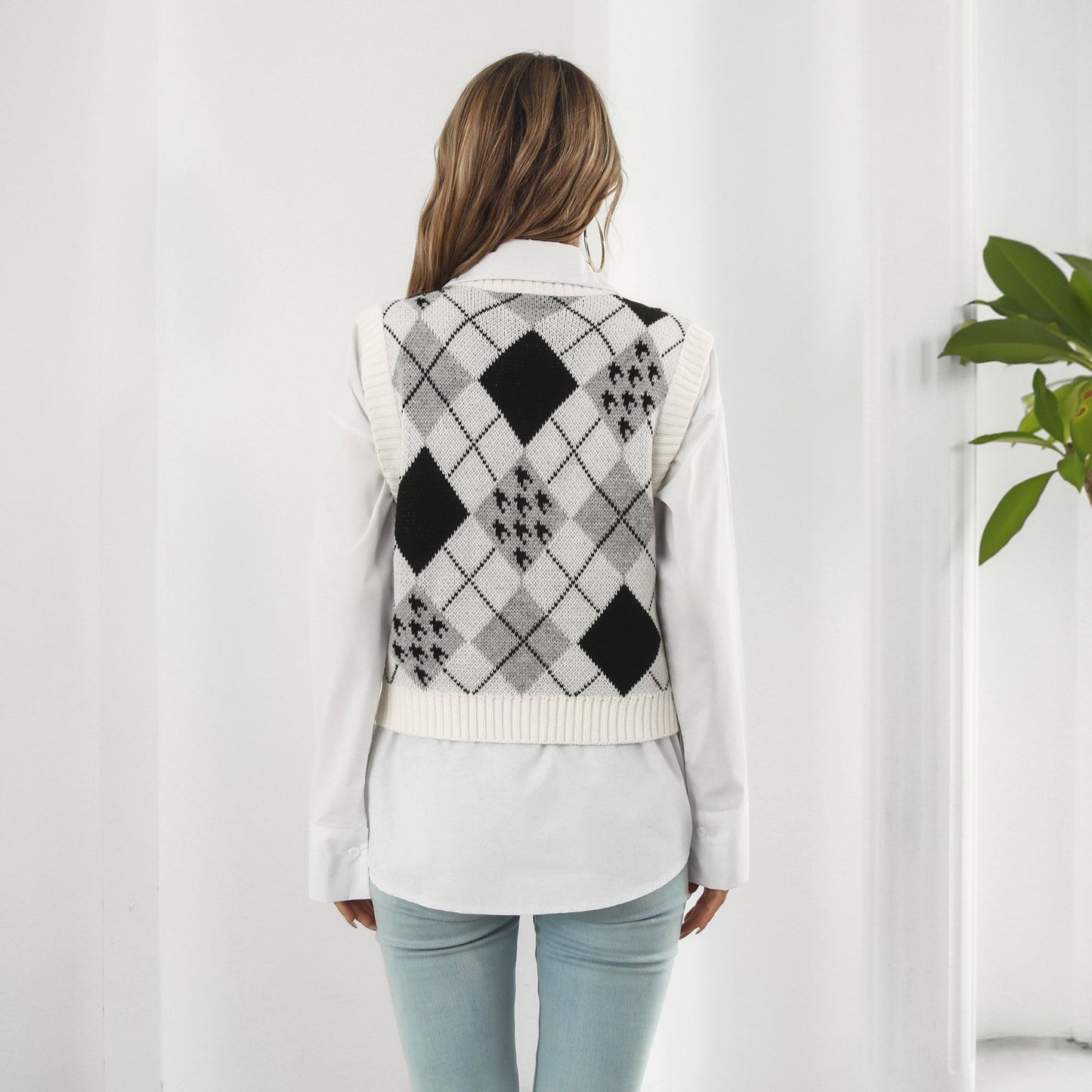 Houndstooth Diamond Plaid Jacquard Vest Sweater Vest Women Autumn Winter Knitwear Women Clothing