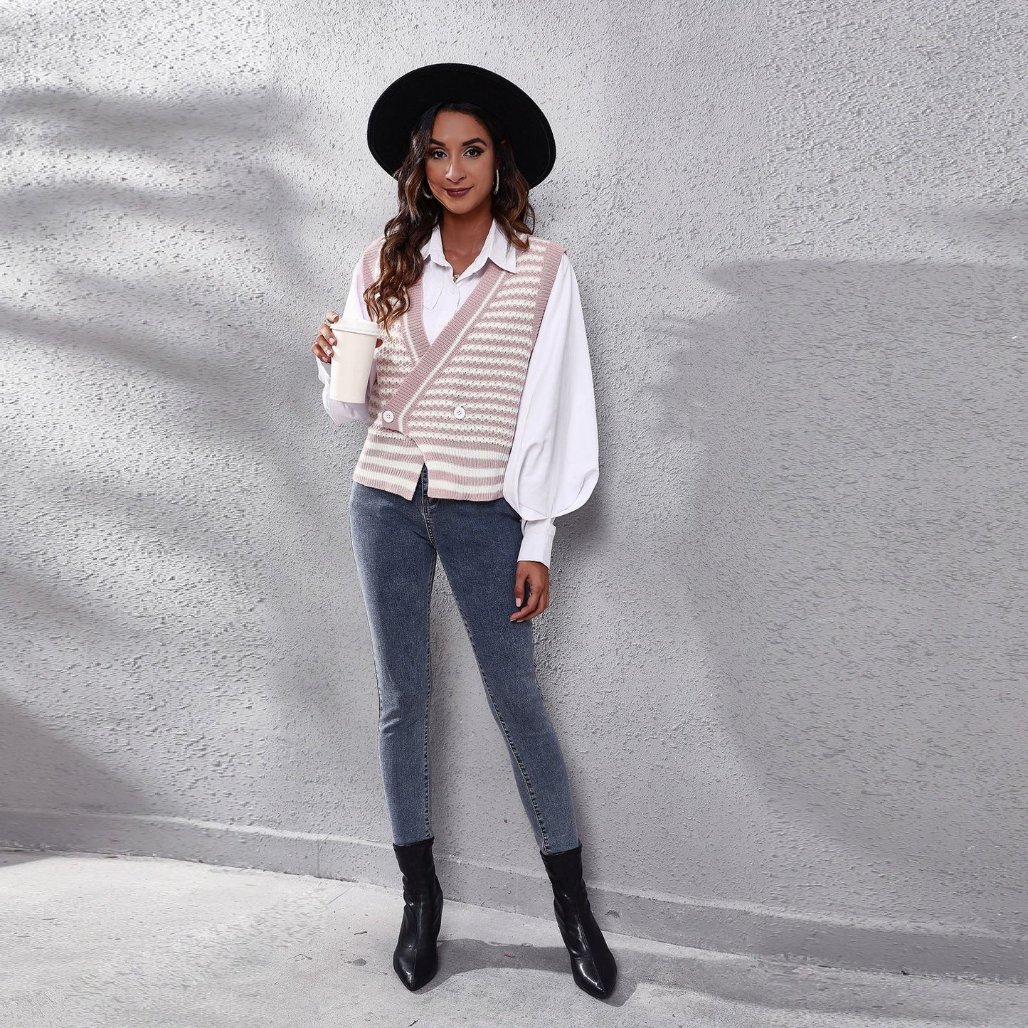 Popular Striped Knitted Cardigan Sweater Waistcoat Women Vest Autumn Winter Women Clothing