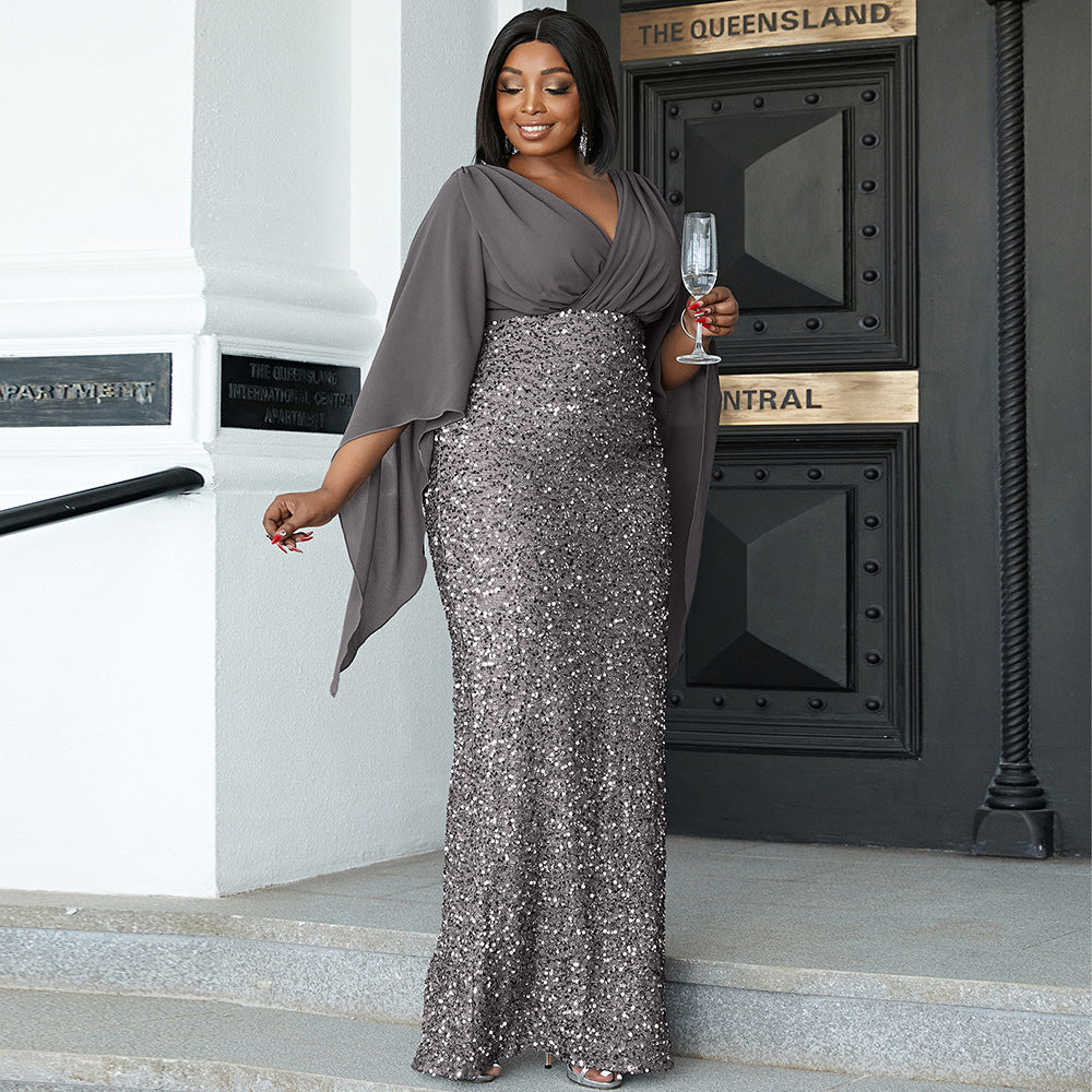 plus Size Sexy Long Sequined V neck Long Sleeve Cocktail Evening Dress Bridesmaid Dress Dress Women