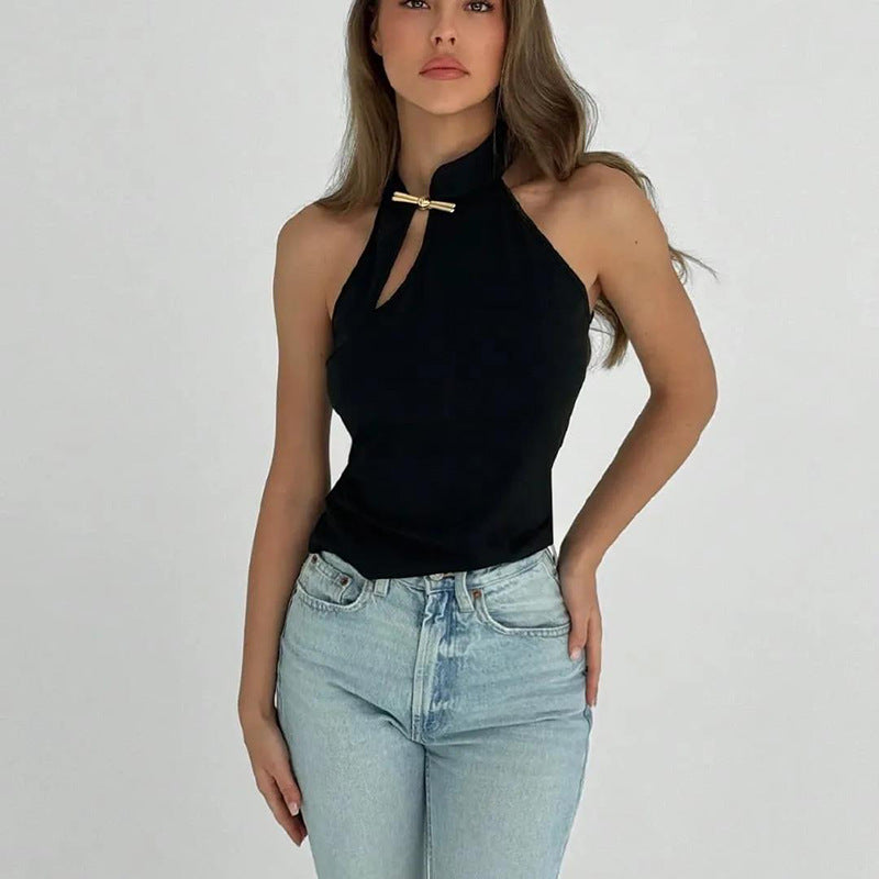 Spring Summer Women Clothing Personalized Stand Collar Open Solid Color Slim Fit Sexy Sleeveless T shirt Vest Women