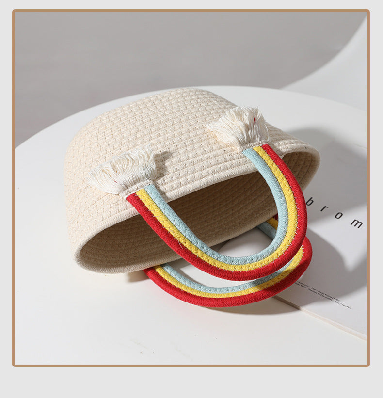 Cute Rainbow Clouds Handbag Handmade Cotton Thread Woven Bag Seaside Vacation Beach Bag Straw Bag