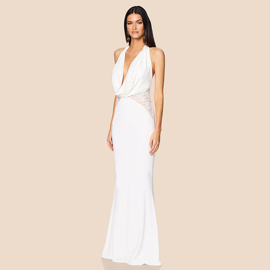 Dress Lace Stitching Elegant Halter V neck Backless Waist Trimming Slimming Fishtail Hip Dress Floor Length Dress