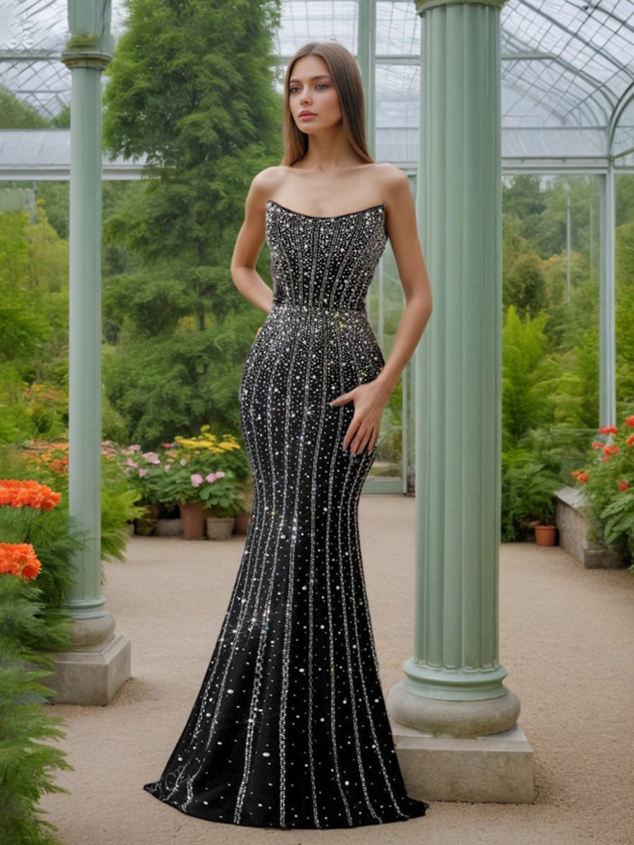 French Formal Dress Tube Top Elegant Sheath Beauty Back Lace up Dress Women Summer