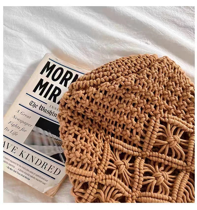 Artistic Simple Cotton Thread Shoulder Woven Bag Summer Niche Hollow Out Cutout Straw Bag Portable Women Bag Vacation Beach Bag