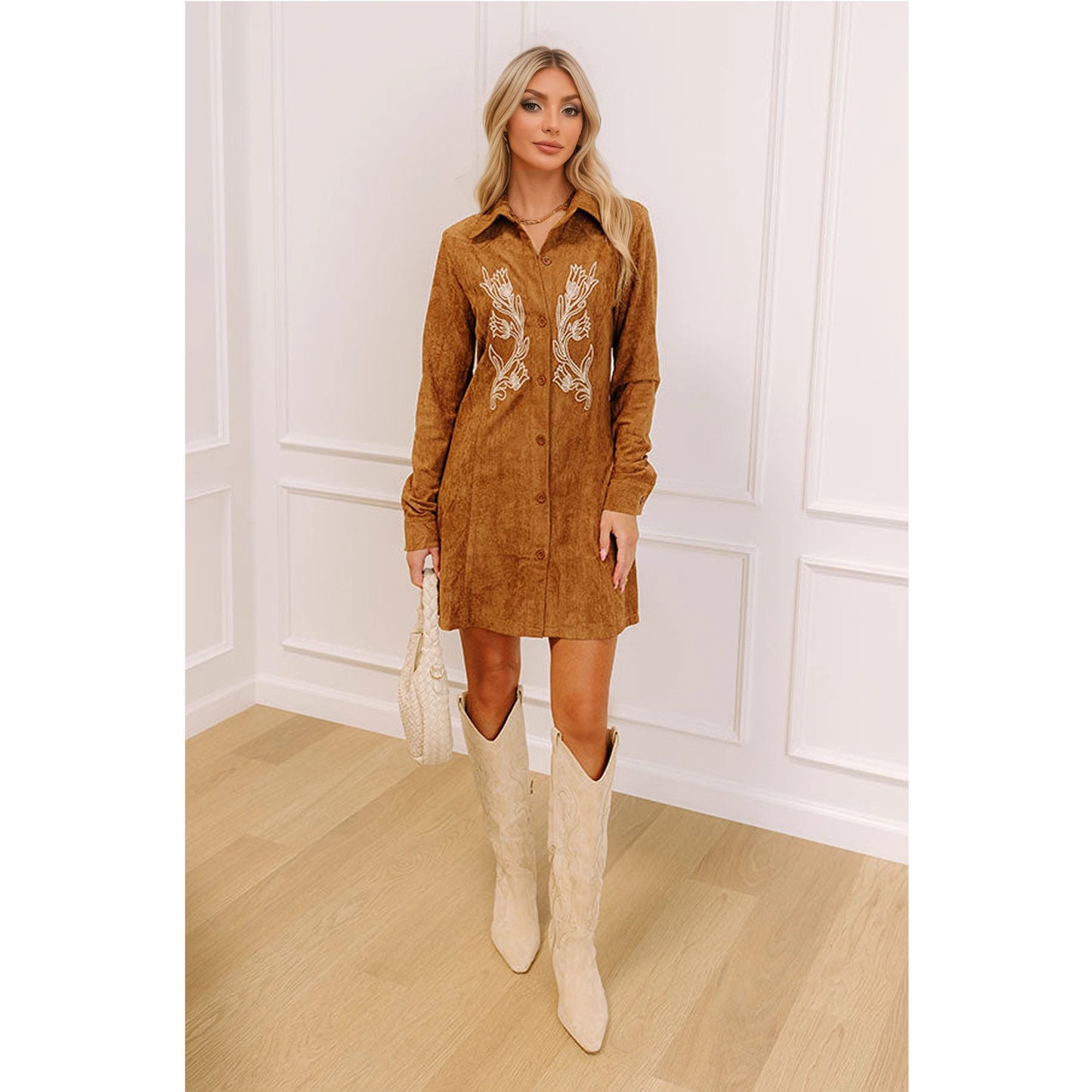 Women Autumn Winter Collared Single Row Multi Buckle Embroidered Suede Long Sleeved Shirt Mid Length Dress