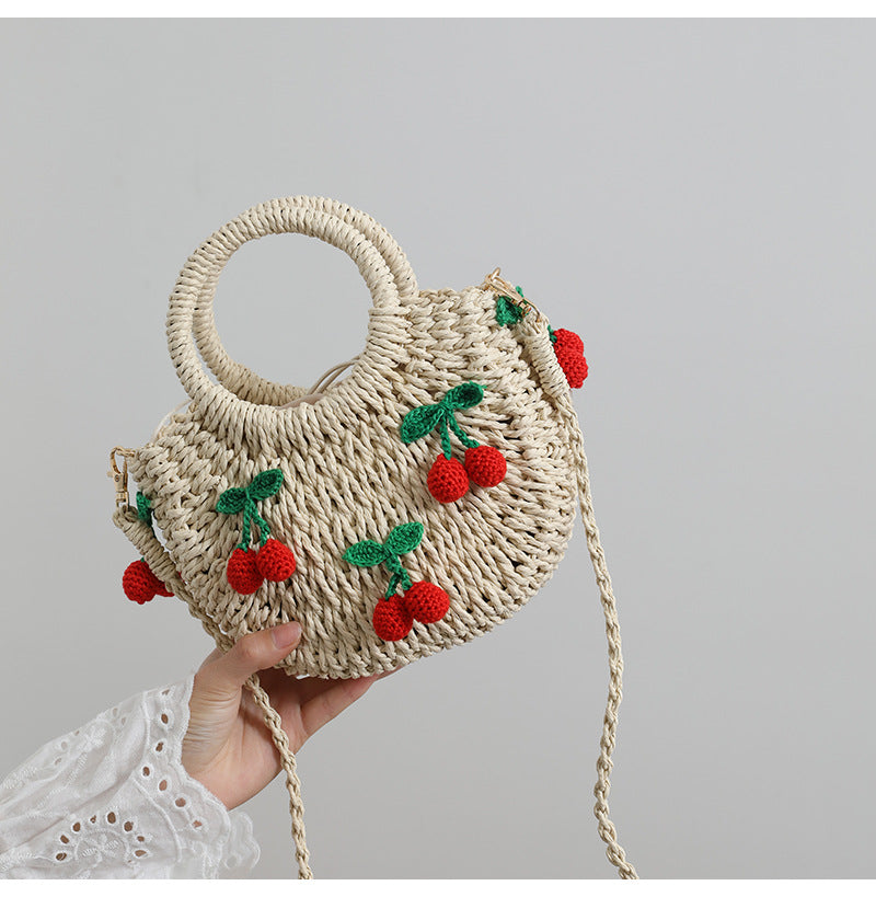 Cute Cherry Fresh Straw Bag Woven Tote Strawberry Cross Body Bag Vacation Beach Bag
