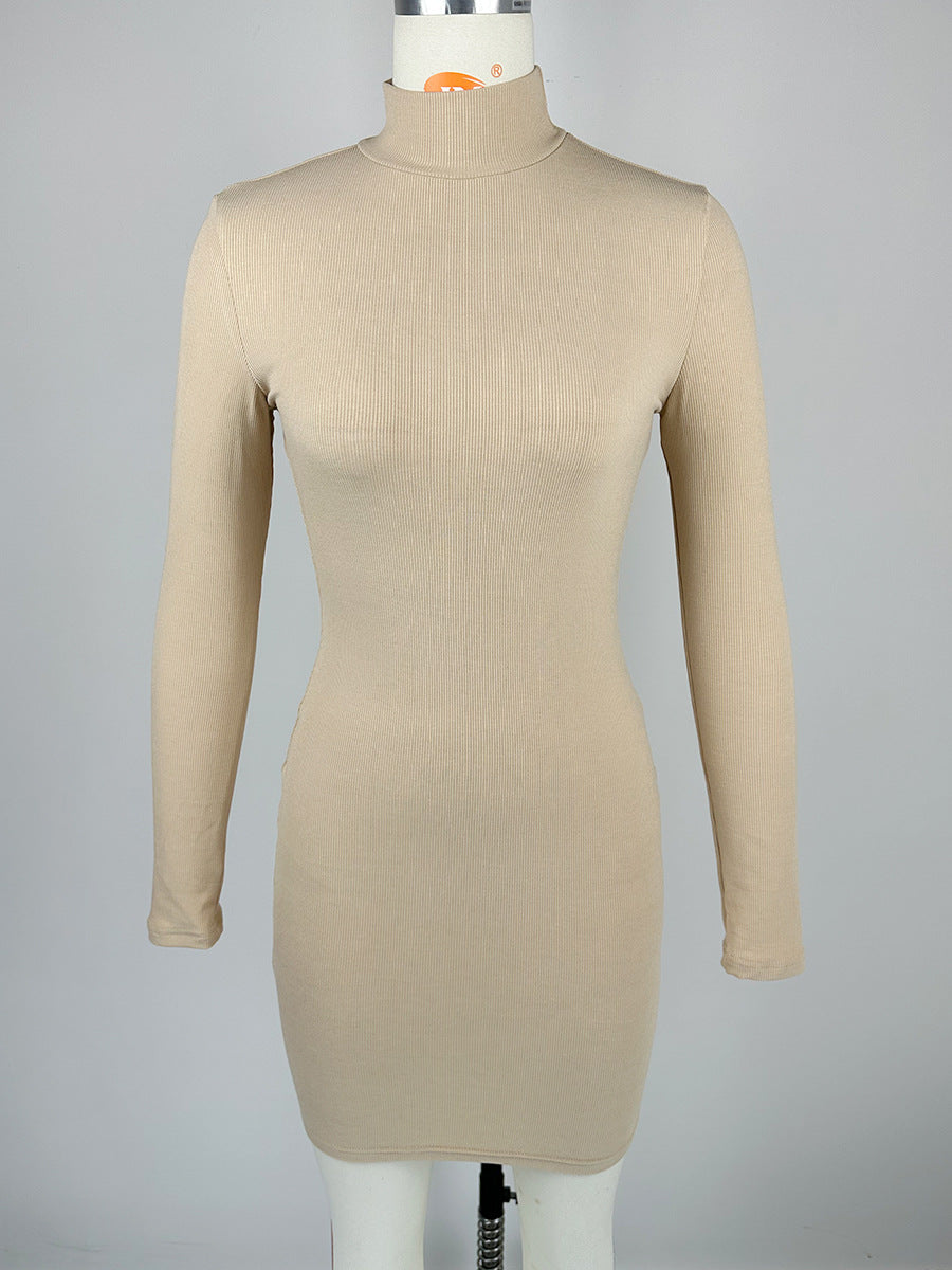 Winter Women Sexy Slim Knit Rib Half High Collar Long Sleeves Short Dress