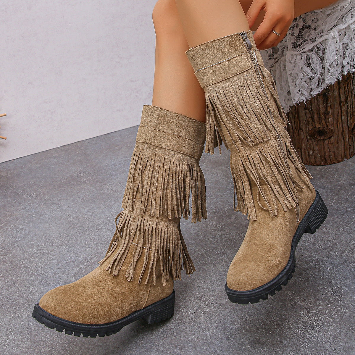 Suede Double Layer Tassel Boots Women Chunky Heel Side Zip High Tube Cowboy Boot