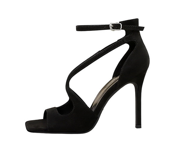 Cocktail Sexy Leopard Print Square Toe Suede Stiletto Women Shoes Hollow Out Cutout out Strap Super High Heel Sandals