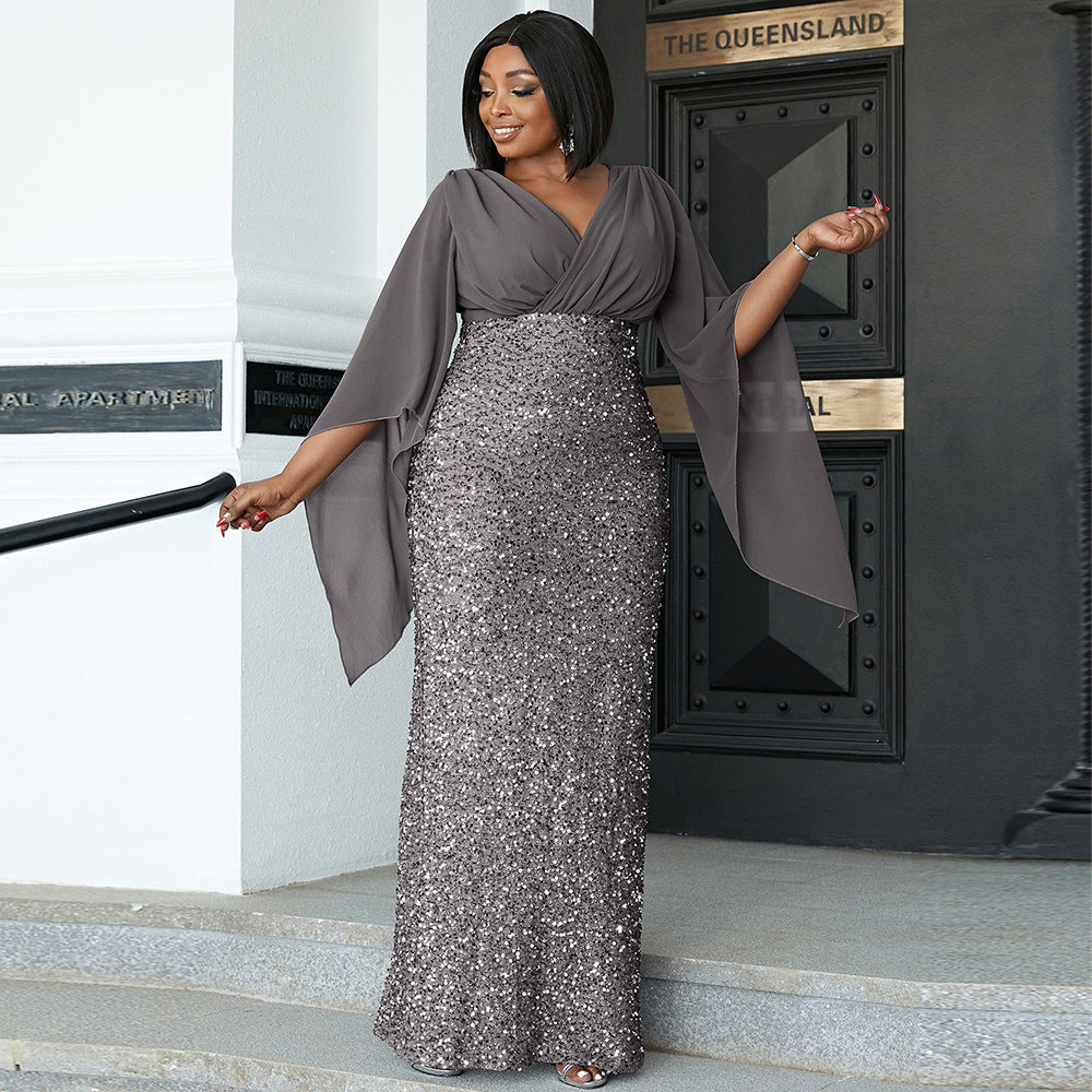 plus Size Sexy Long Sequined V neck Long Sleeve Cocktail Evening Dress Bridesmaid Dress Dress Women