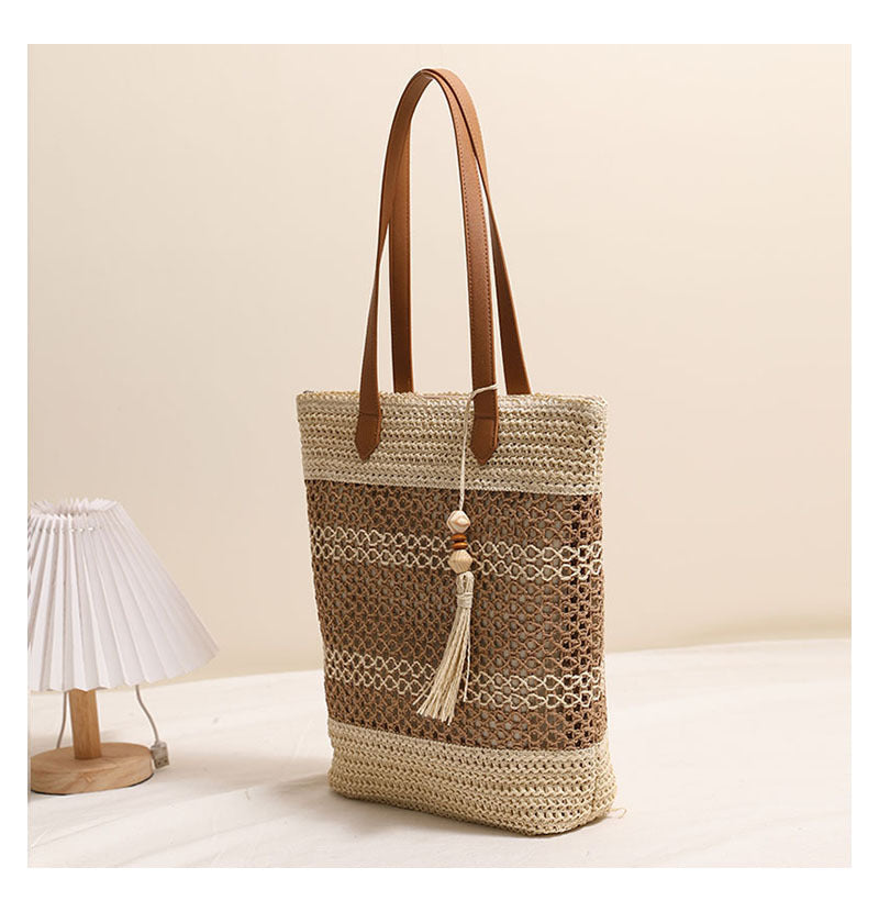 Tassel Shoulder Straw Bag Striped Hollow Out Cutout Straw Bag Woven Bag Vacation Beach Bag