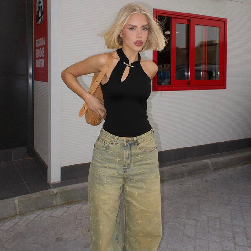 Spring Summer Women Clothing Personalized Stand Collar Open Solid Color Slim Fit Sexy Sleeveless T shirt Vest Women