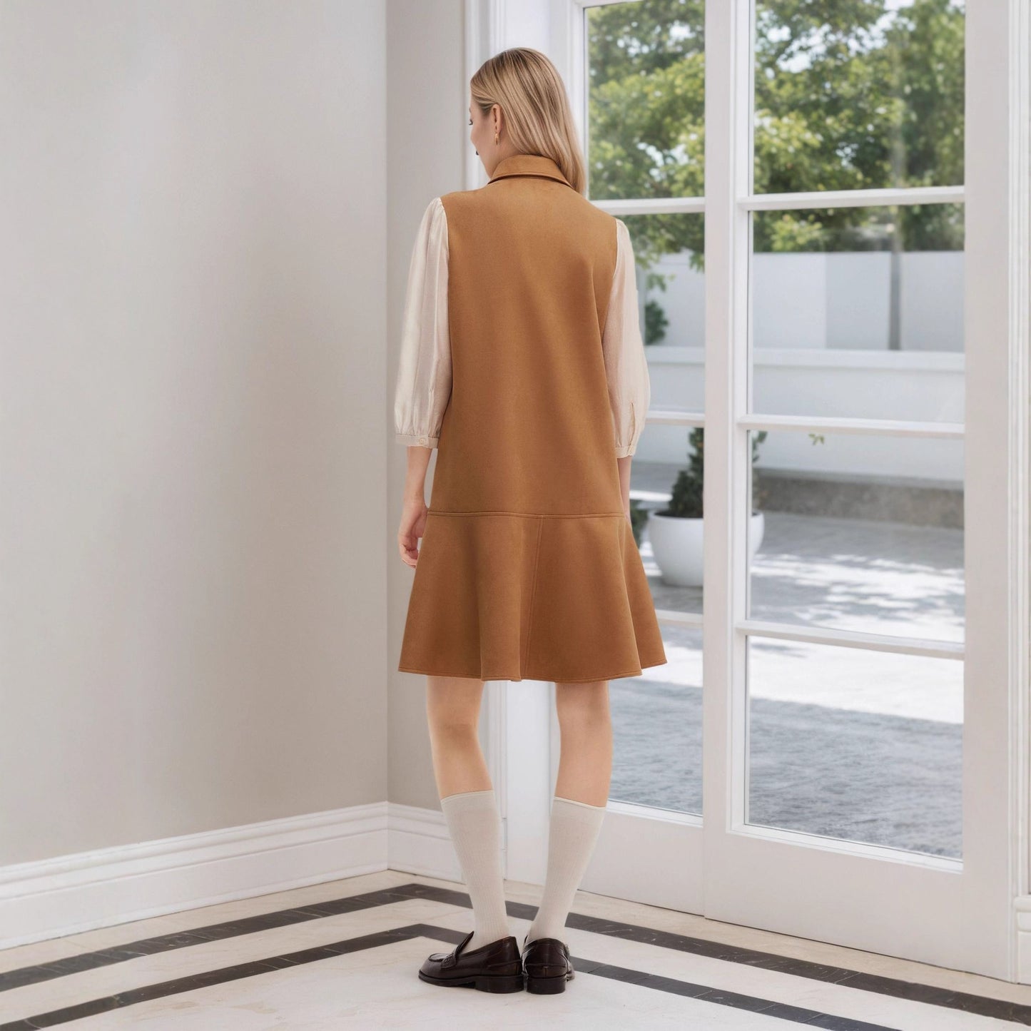 Fashionable Elegant Girls Autumn Suede Spun Yarn Slimming Short Cropped Puff Sleeve Waist Slimming Dress