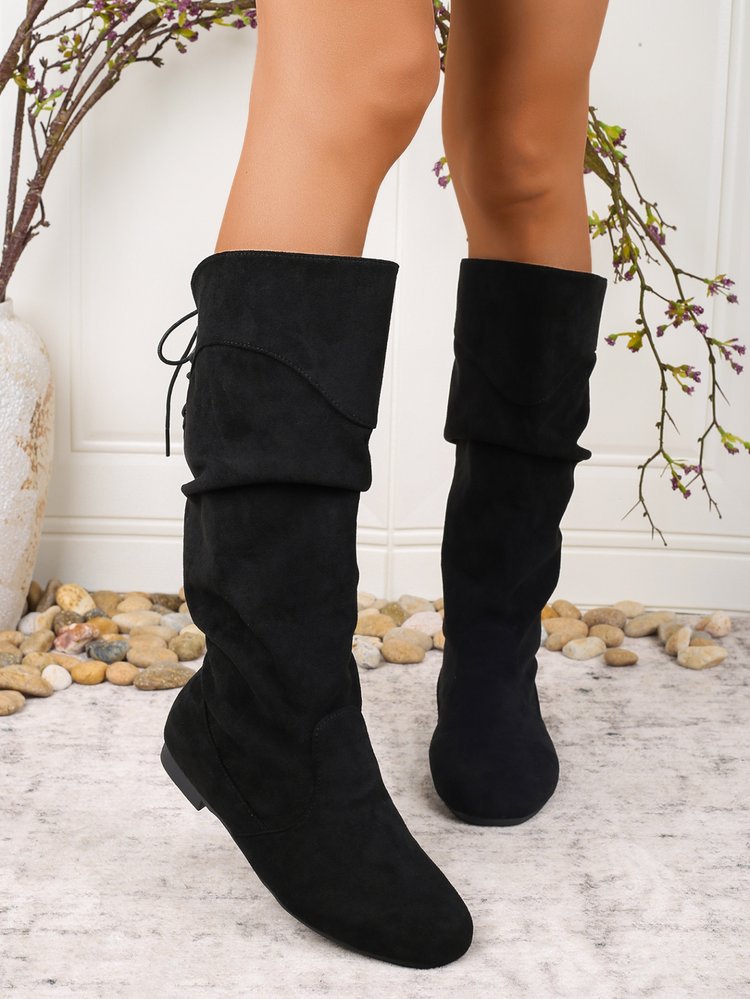 Lace up Knight Boots Women Suede High Boots Autumn Pleated Pile Boots