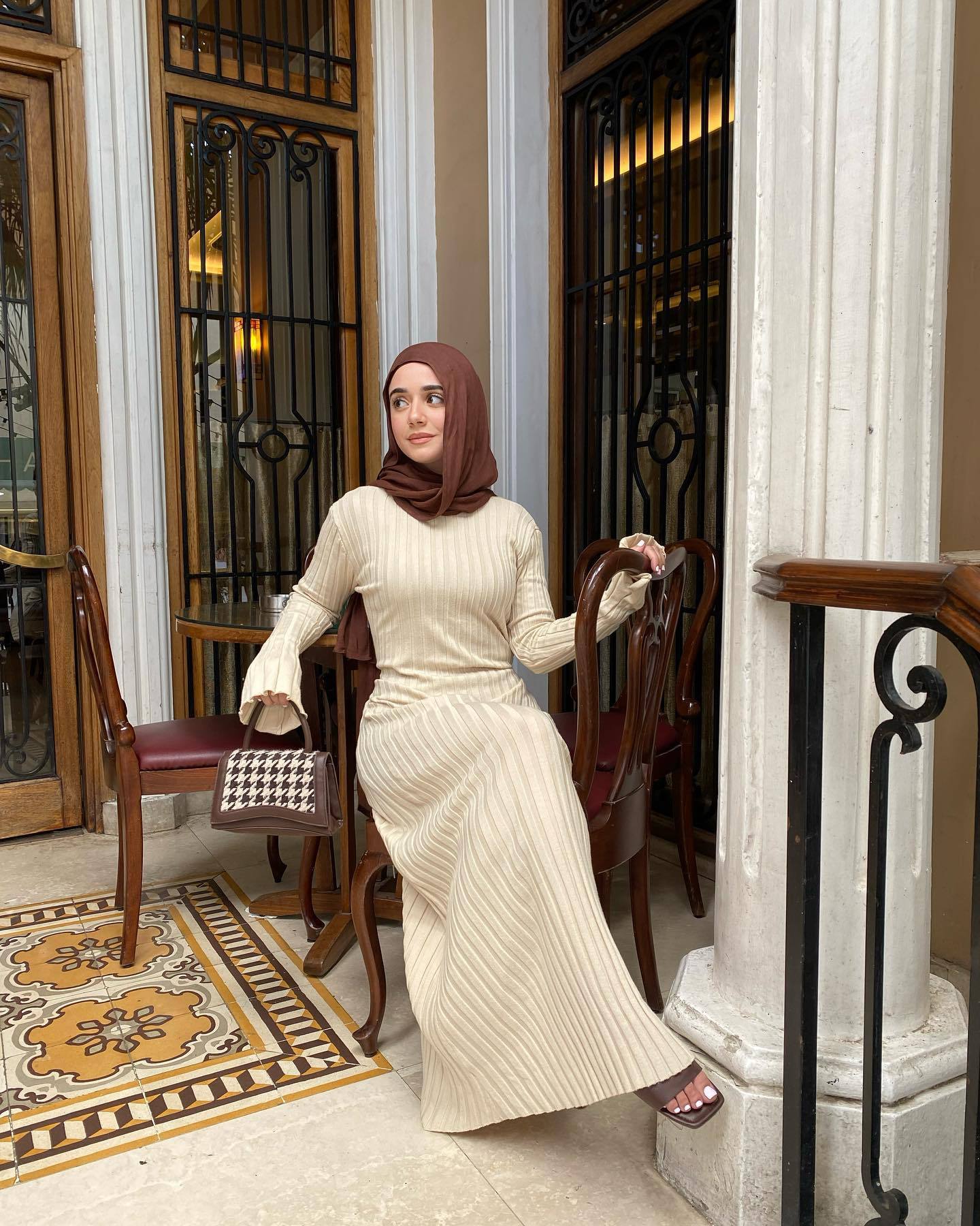 Autumn Winter Knitted Dress Casual Waist Tight Round Neck Big Pit Stripe Slimming Knitted Maxi Dress Women