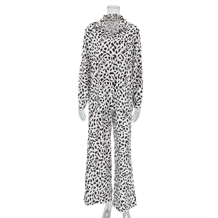 Leopard Print Pajamas Autumn Ice Silk Long Sleeve Cardigan Trousers Two Piece Set Loose Ladies Homewear