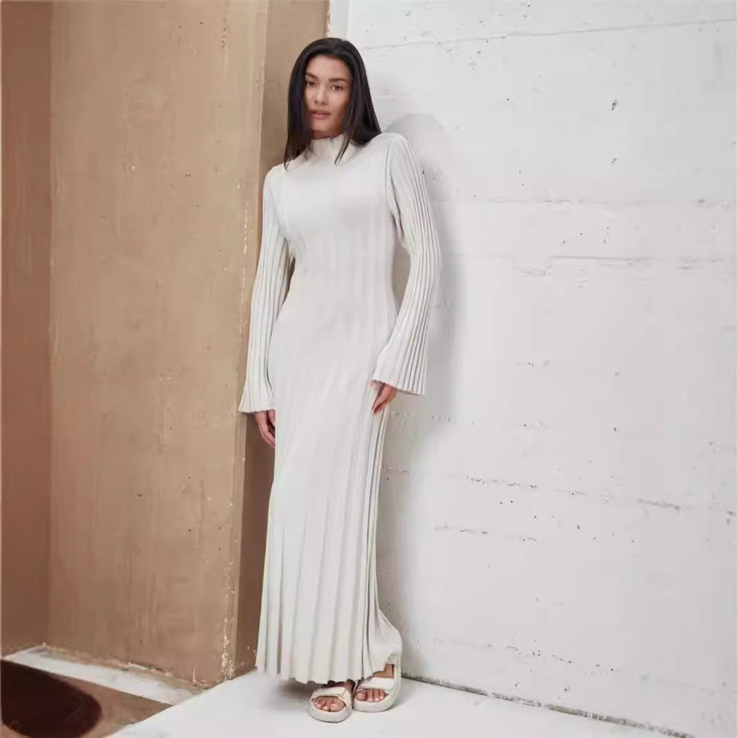 Autumn Winter Knitted Dress Casual Waist Tight round Neck Large Pit High  Collar Slimming Knitted Maxi Dress for Women