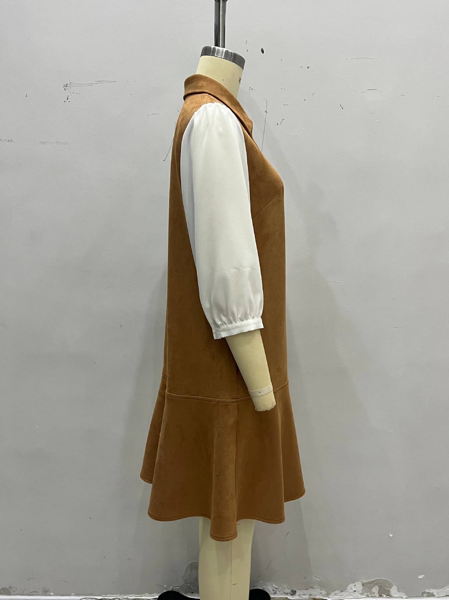 Fashionable Elegant Girls Autumn Suede Spun Yarn Slimming Short Cropped Puff Sleeve Waist Slimming Dress