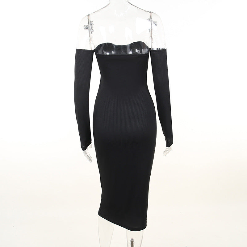 Women Spring Clothing Sexy Hip Knitwear off Shoulder Long Sleeve Tube Top Dress