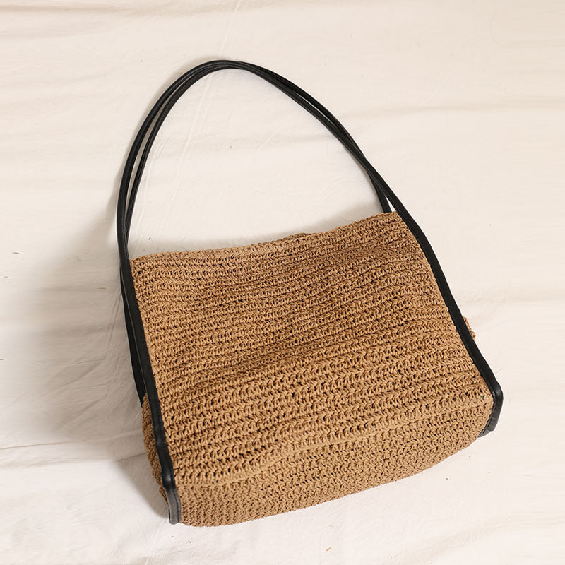 French Large Capacity Straw Bag Niche Solid Color Straw Bag Woven Bag Women Vacation Beach Bag Shoulder Bag