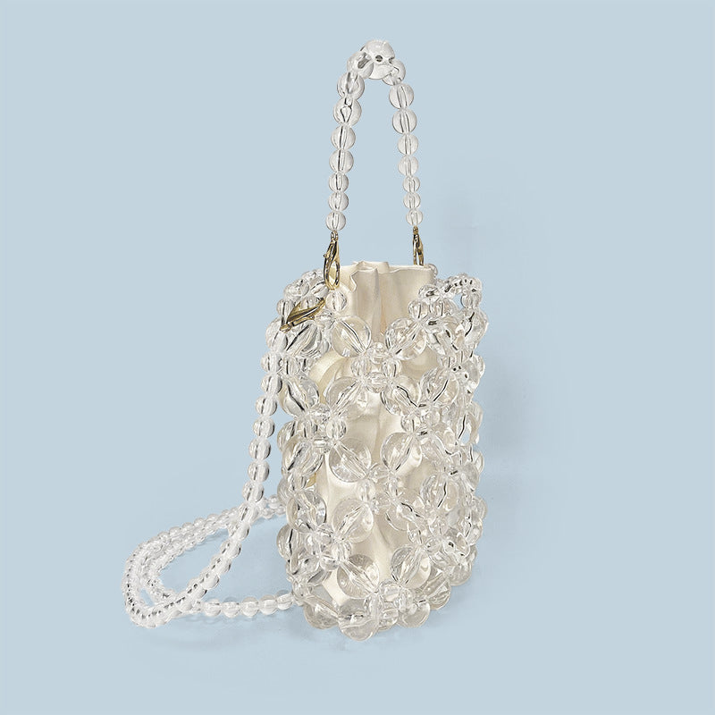 Transparent Irregular Asymmetric Hand Woven Acrylic Crystal String Beads Cocktail Mobile Phone Bag Cross Body Bucket Pouch