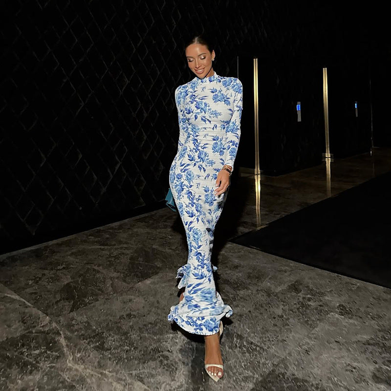 Half High Collar Long Sleeves Printed Fishtail Dress Women Autumn Sexy Dress