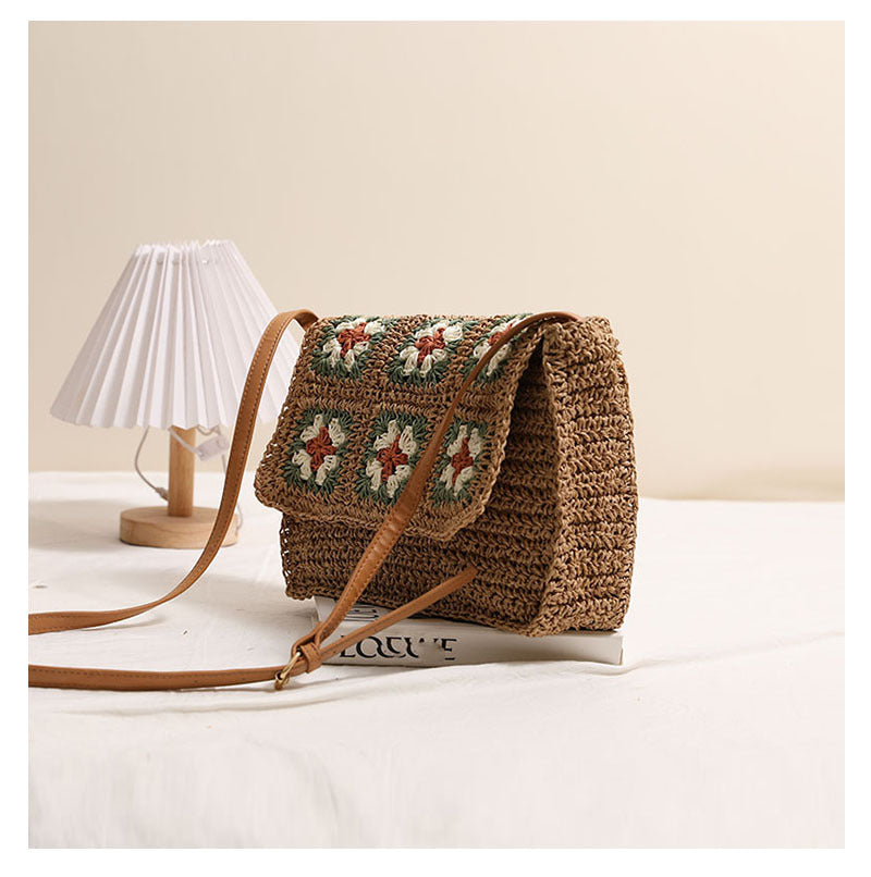 Floral Crossbody Straw Bag One Shoulder Flap Woven Bag Vacation Beach Bag Niche Women Bag