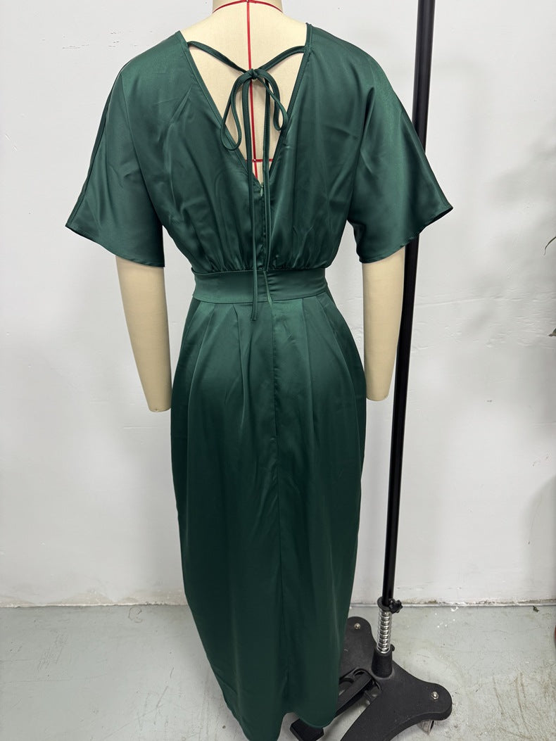 Women Clothing Early Autumn Satin Dress Ball Gown Satin Waist Tight Maxi Dress