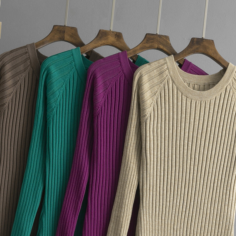 Mid Length Overknee Sweater Dress Women Autumn Winter round Neck Sunken Stripe Inner Wear Base Knitted Dress