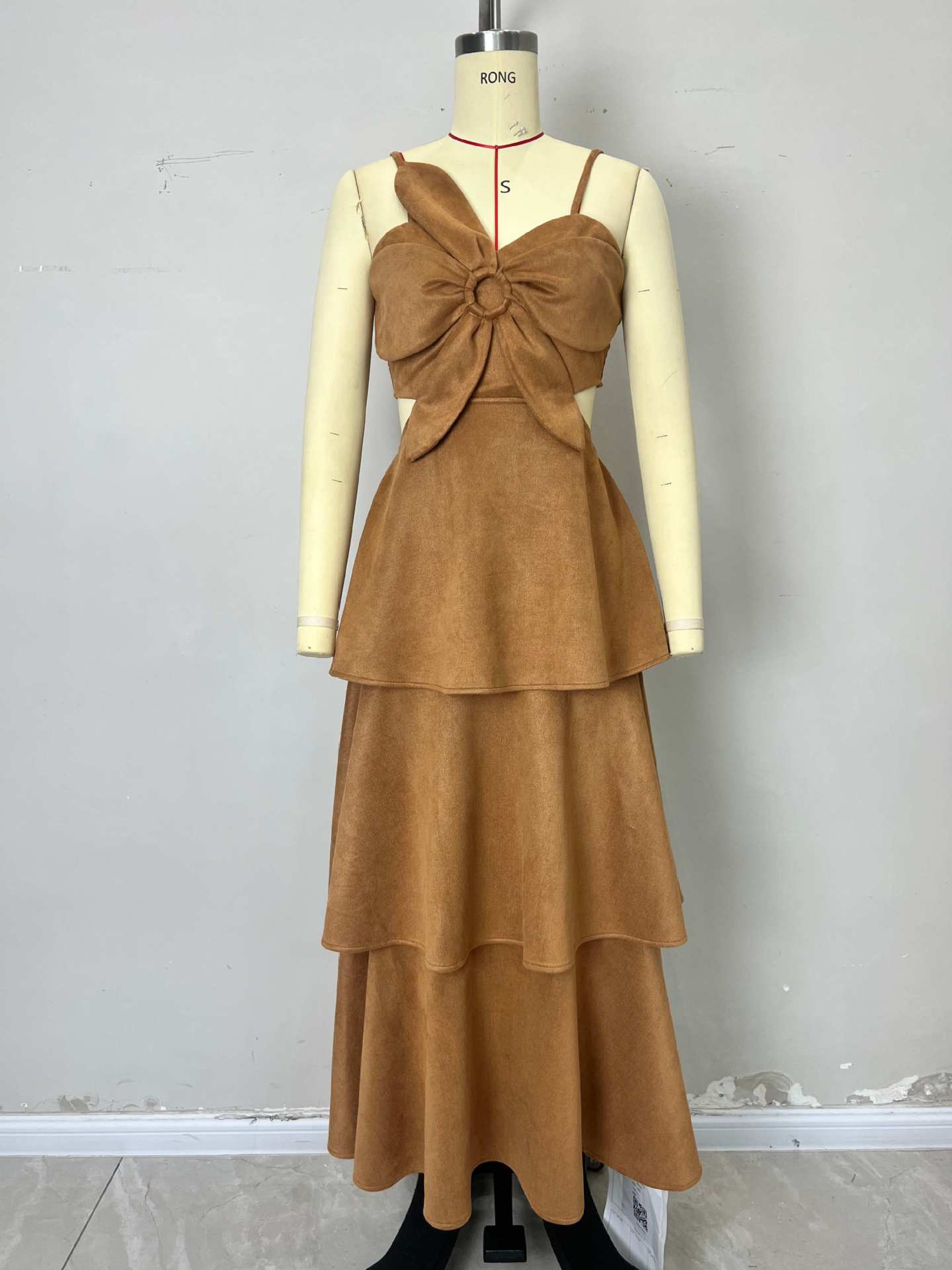 French Retro Suspenders Hollow Out Cutout out Waist Slimming Long Suede Dress