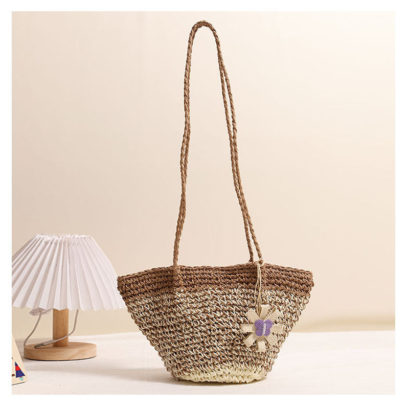 Fresh Floral Straw Bag Niche Gradient Color Straw Bag Woven Bag Vacation Beach Bag Shoulder Bag