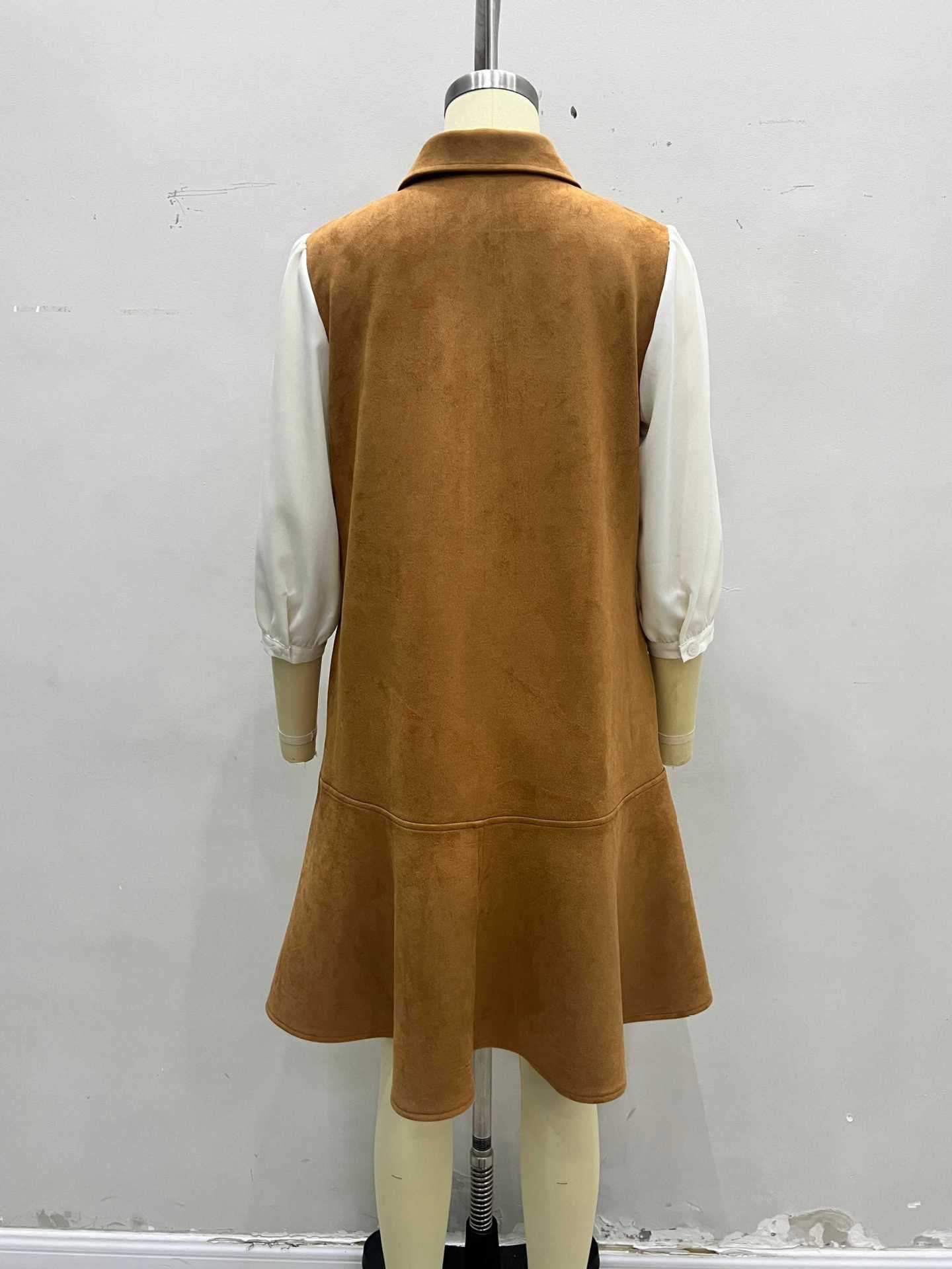 Fashionable Elegant Girls Autumn Suede Spun Yarn Slimming Short Cropped Puff Sleeve Waist Slimming Dress