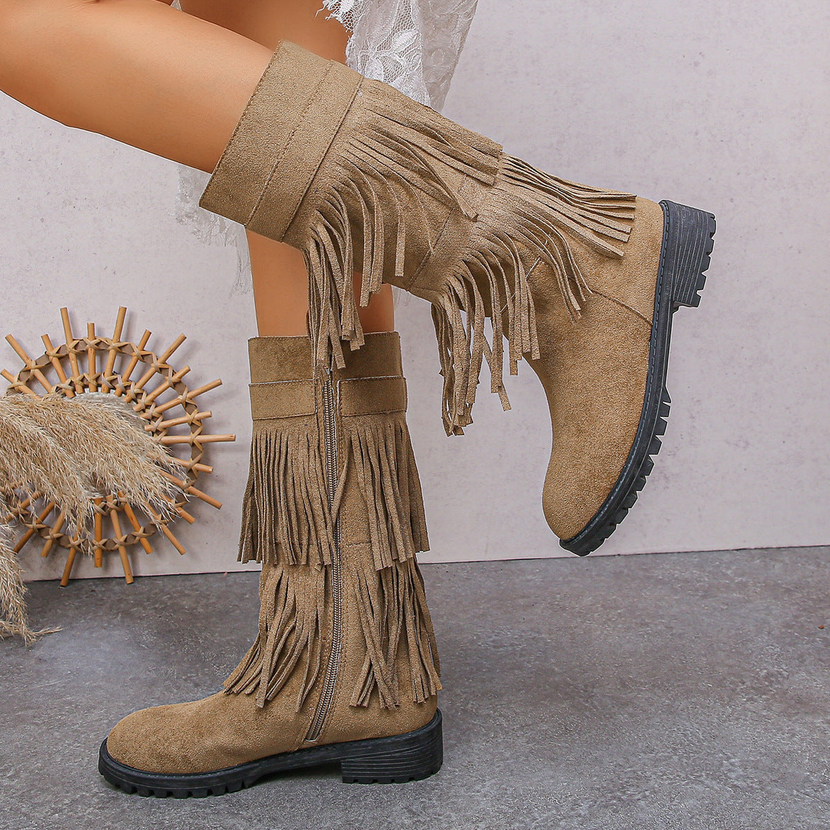 Suede Double Layer Tassel Boots Women Chunky Heel Side Zip High Tube Cowboy Boot