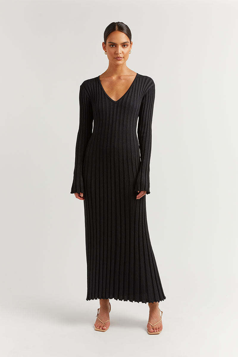 Autumn Winter Knitted Dress Casual Waist Tight V Neck Big Pit Stripe Slimming Knitted Maxi Dress Women