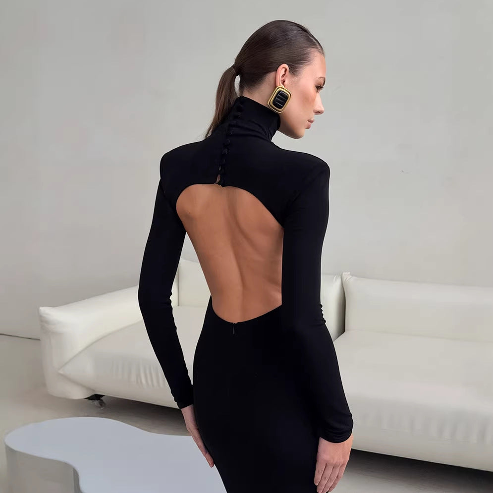 Spring Elegant Black Sexy Backless Knitted Slim Fit Long Sleeved Turtleneck Dress for Women