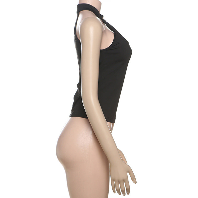 Spring Summer Women Clothing Personalized Stand Collar Open Solid Color Slim Fit Sexy Sleeveless T shirt Vest Women