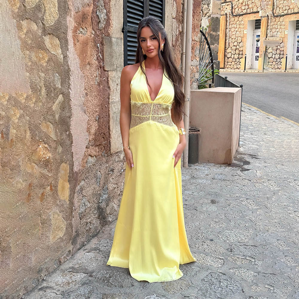 Summer Elegant Deep V Plunge Silky Satin Dress Stitching Halter Waist Tight Sexy Dress