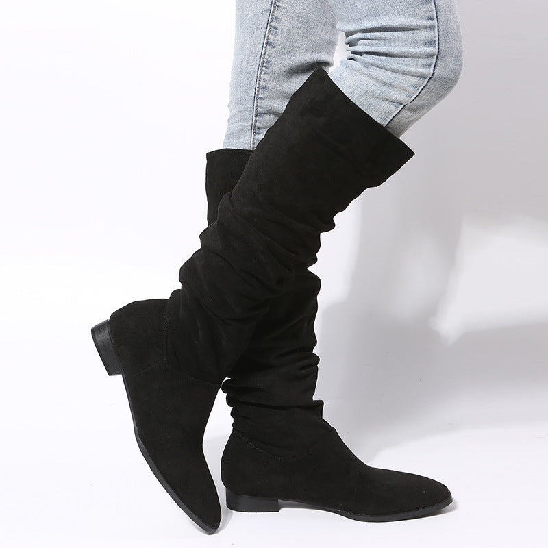 Square Heel Pointed Toe Mid Calf Length Knight Boots Women Suede Pleated Pile Sleeve Pointed Boots