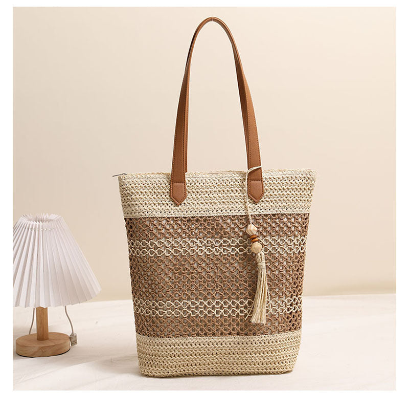 Tassel Shoulder Straw Bag Striped Hollow Out Cutout Straw Bag Woven Bag Vacation Beach Bag