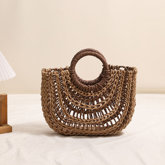 Hollowed out Semicircle Portable Straw Weaved Bag Round Handle Contrast Color Straw Bag Woven Bag Women Seaside Vacation Beach Bag