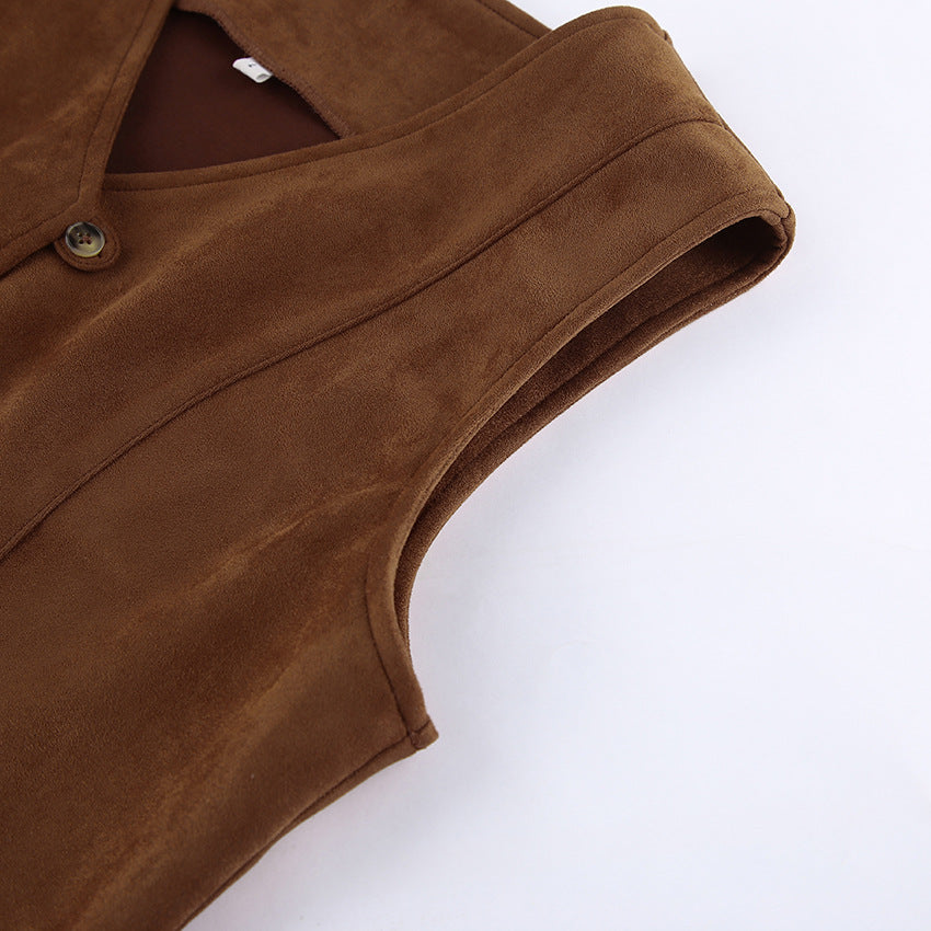 Autumn Women Clothing Coat Suede Matte Casual Short Retro British V neck Bandage Vest