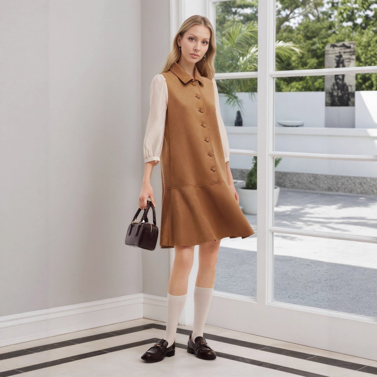 Fashionable Elegant Girls Autumn Suede Spun Yarn Slimming Short Cropped Puff Sleeve Waist Slimming Dress