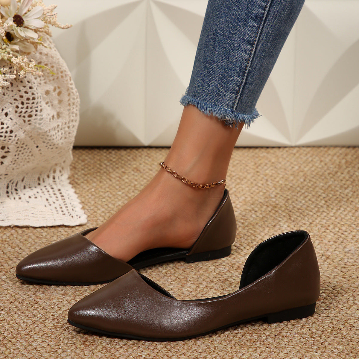 Pointed Toe Side Empty Leopard Print Flat Pumps Women Vintage Suede Shallow Mouth Four Seasons Work Shoes