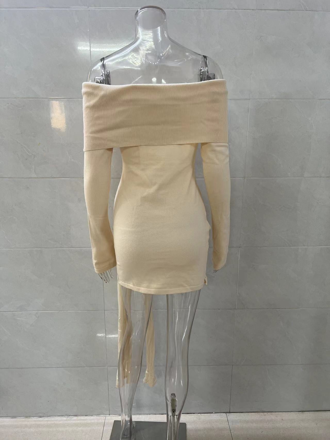 Woolen Women Clothing Sexy Strapless Long Sleeve Lace up Knitted Dress Short for Women