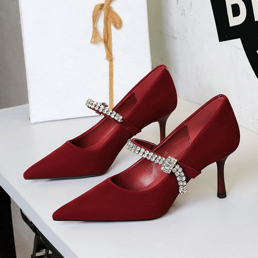 Pointed Toe Low Cut Shoes Rhinestone Strap Suede Stiletto Heel High Heels Daily Cocktail Women Shoes