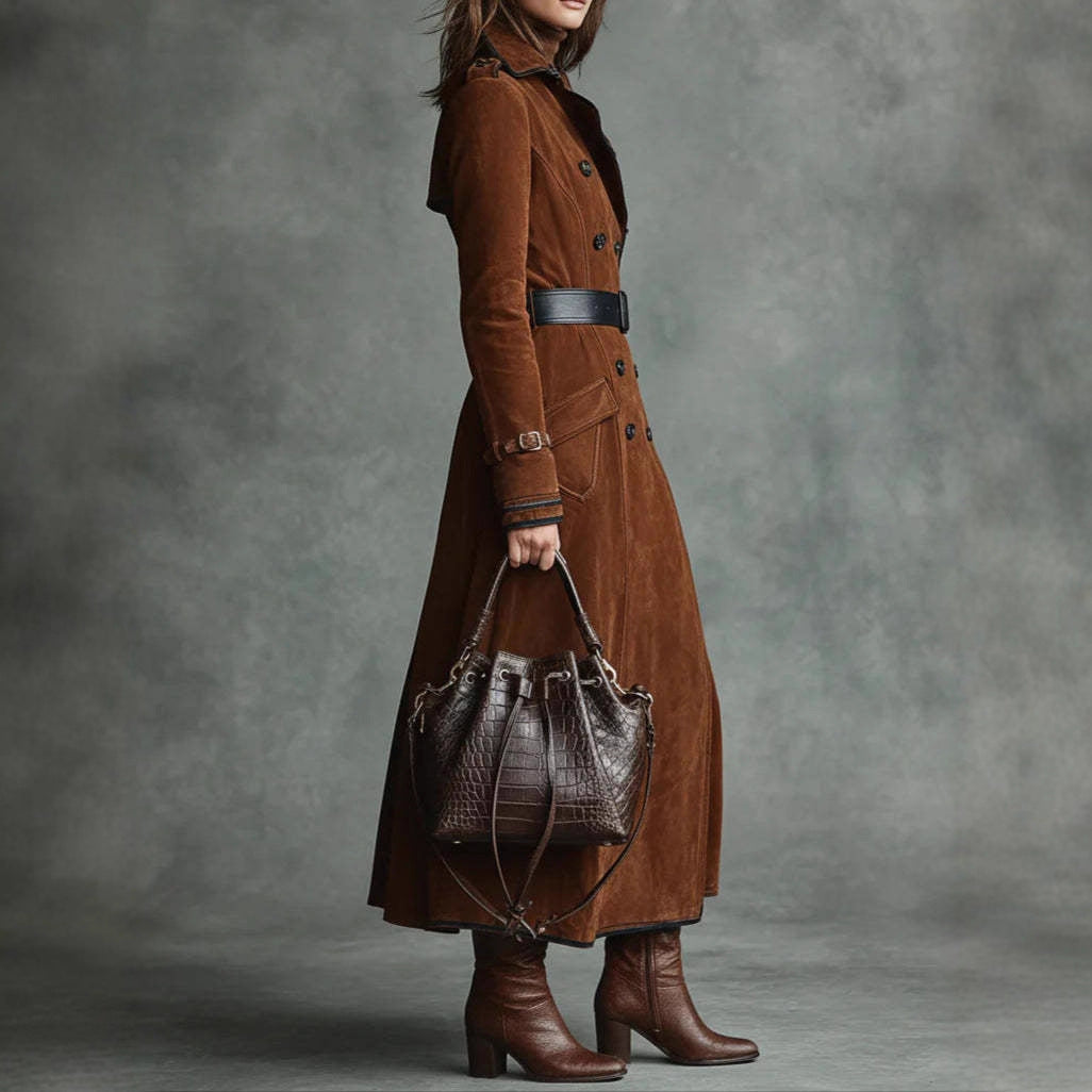 Women Clothing Fall Winter Coat Collared Western Suede Long Trench Coat